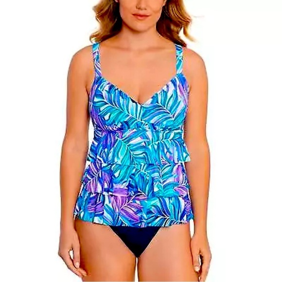 Swim Solutions DANCING PALM Tummy-Control Faux-Tankini One-Piece Swimsuit 10 - Picture 1 of 10
